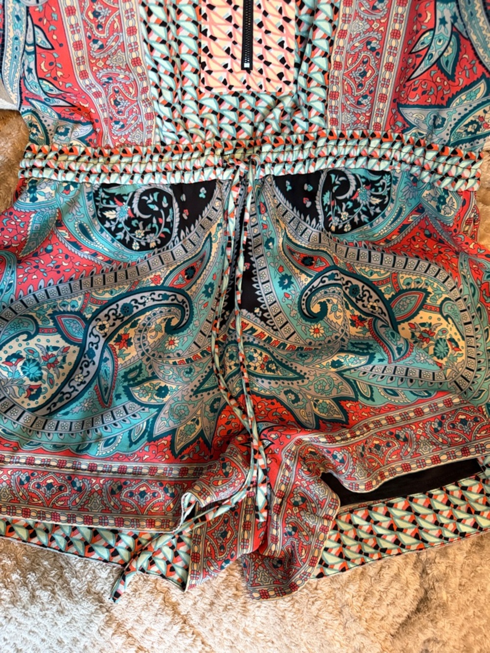 BCBG Max Azria Paisley Printed Romper in Turquoise, Coral & black - Picture 4 of 5